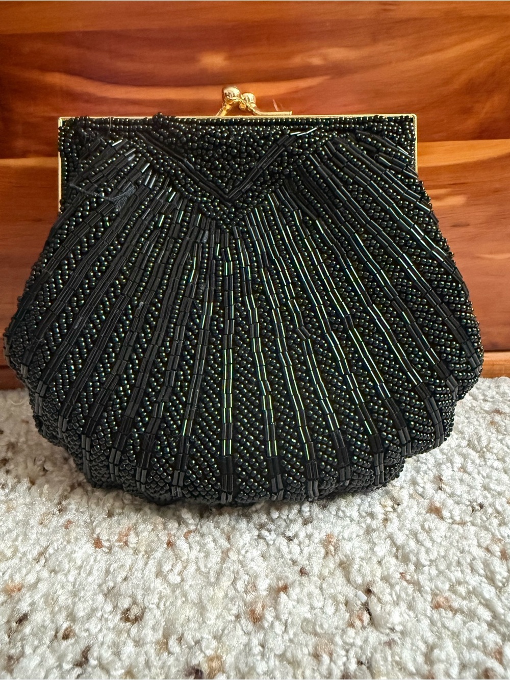 Lord & Taylor Black Beaded Mini Clutch with Gold Frame